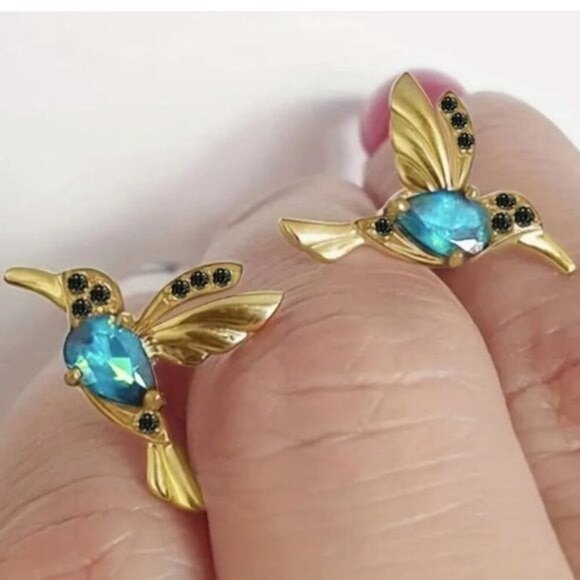 18k Gold Plated Blue Diamond Hummingbird Drop Earrings - Picture 2 of 4